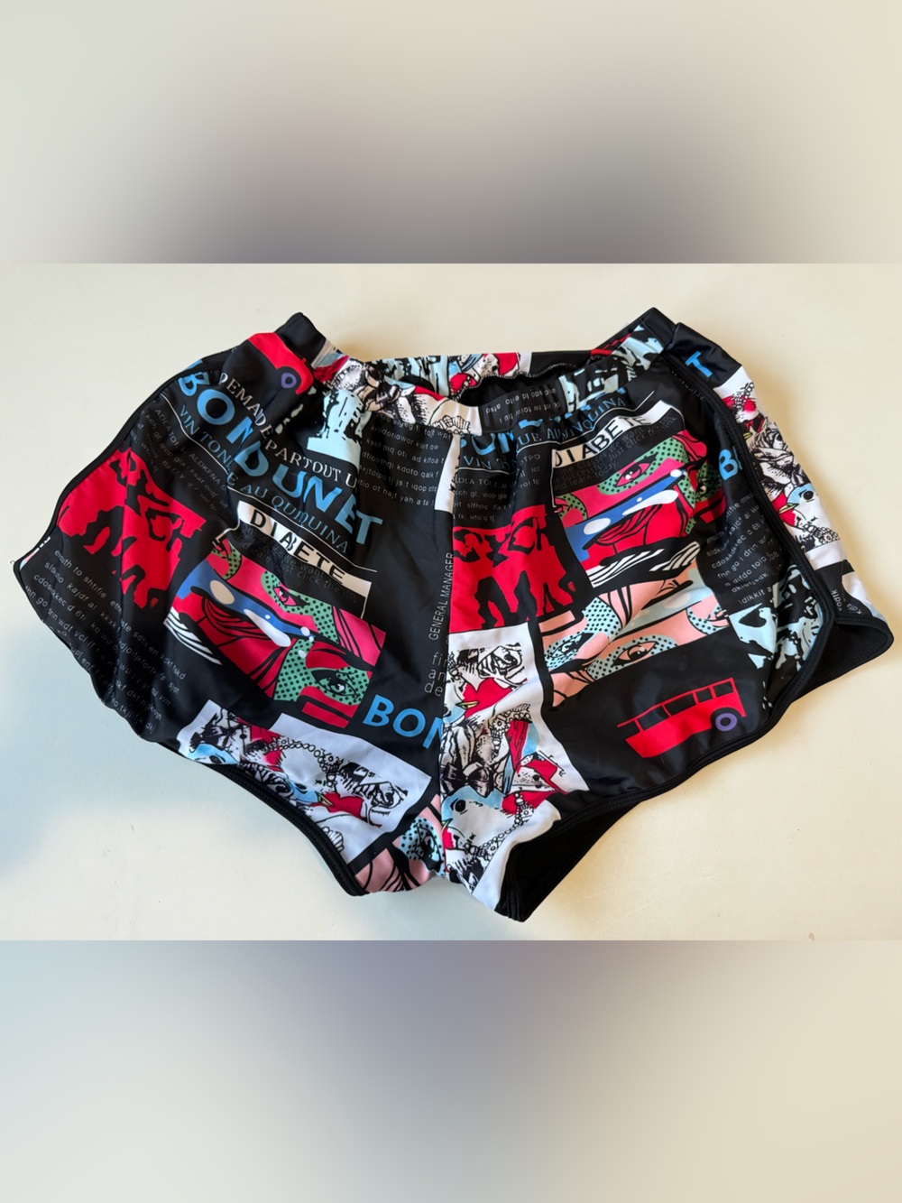 Graphic Print women’s Swim Shorts - Black with Red & Blue Accents